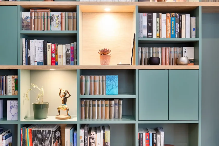 Détail de bibliothèque en niche autour d’une cheminée avec volumes asymétriques